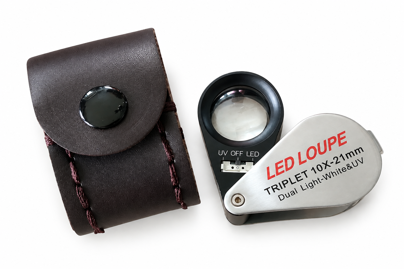 LED-lupe 10x med hvitt lys og UV